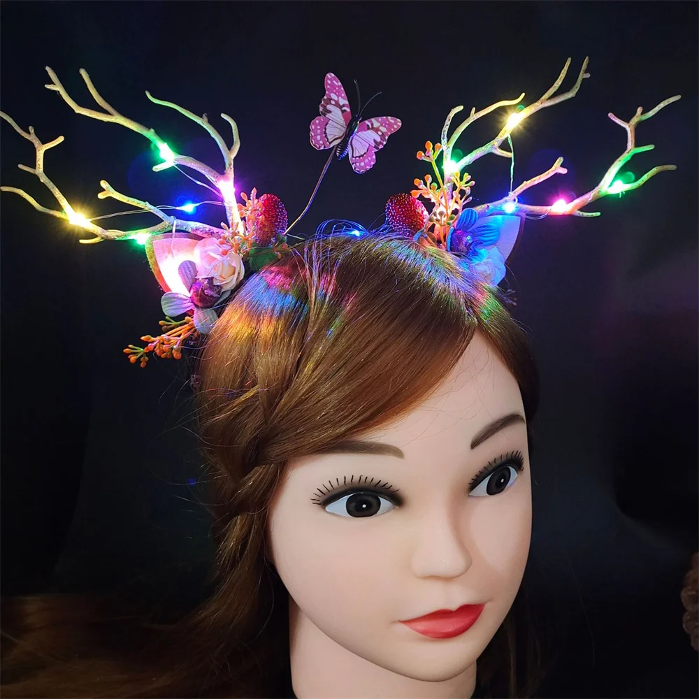 Hot Sale New LED Luminous Deer Antler Hair Hoop Headband for Christmas Night Cute Elk Ear Berry Flower Headdress for Women