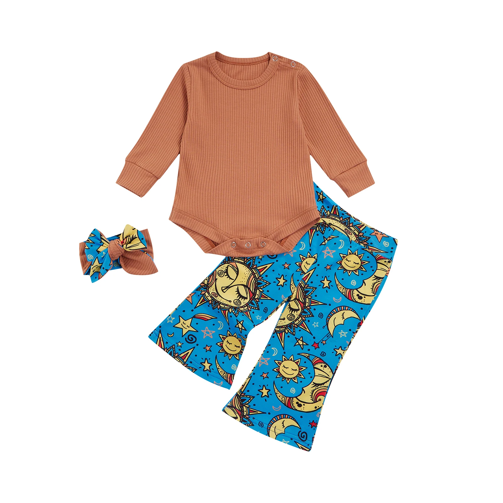 

Baby Suit Set, Solid Color O-Neck Long Sleeve Romper+ Sun Moon Print Trousers+ Headband for Boys Girls, 3-24 Months