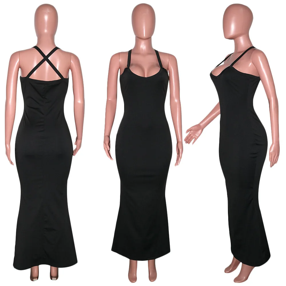 

Donsignet Fashion Women's Dress New Hot Sale Casual Round Neck Pullover Sexy Solid Color Hollow Cross Strap Dress Ankle-Length