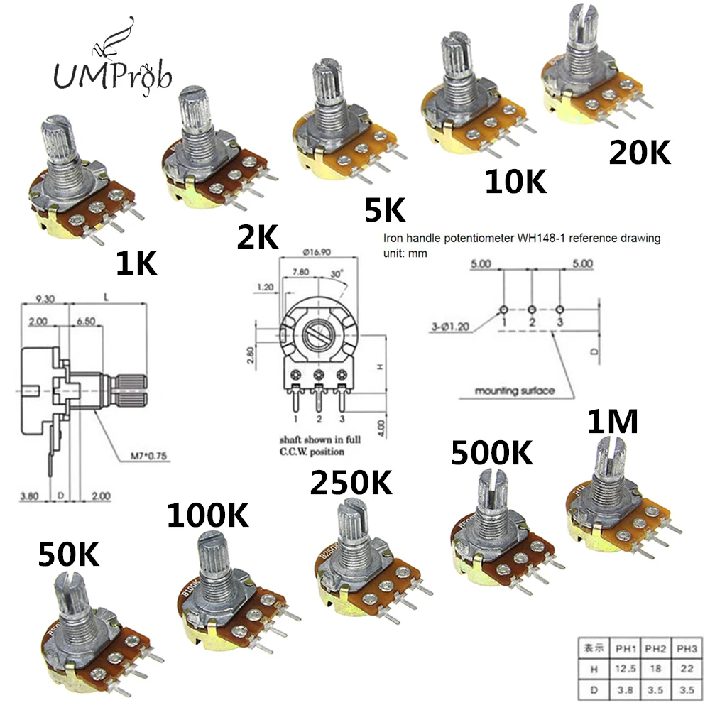 10 шт. WH148 линейный потенциометр B1K B2K B5K B10K B20K B50K B100K B250K B500K B1M 15 мм вал с гайки шайбы 3pin WH148