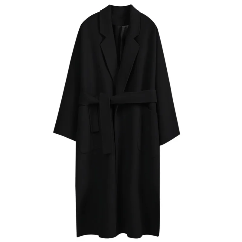 

Blends Women Wool Solid Loose Black Elegant Stylish Sashes All-match Side-slit Winter Thicken Warm Windproof Simple OL Leisure