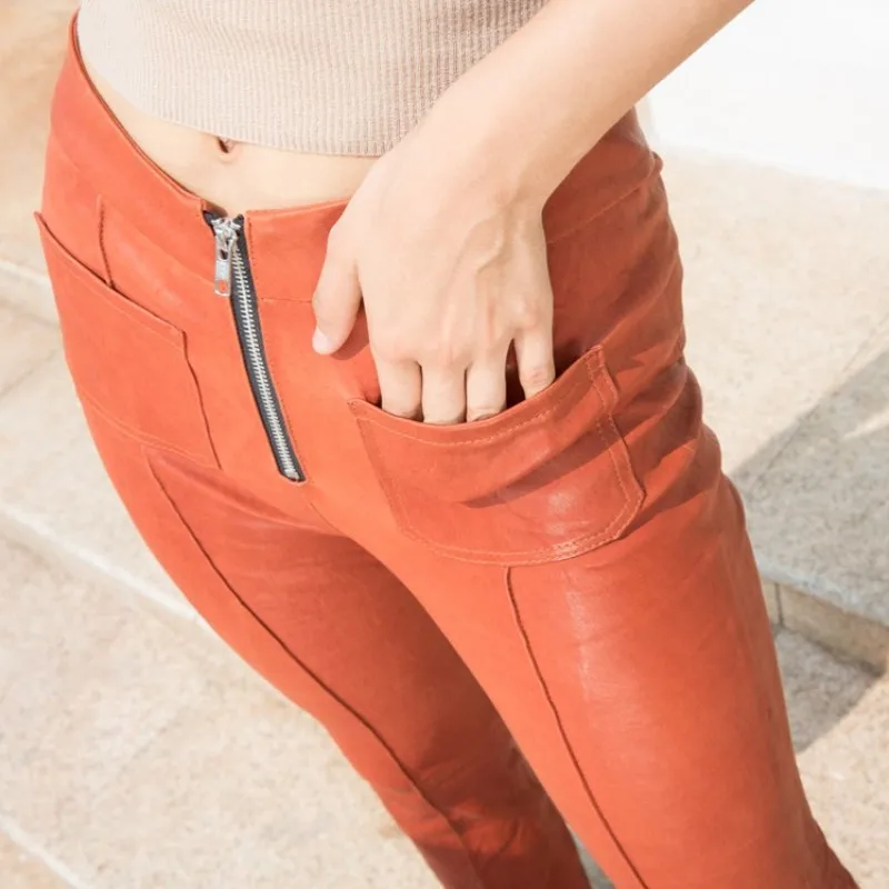 

Brand Women Sheepskin Flare Pants Fashion Elastic Slim Fit Real Leather Trousers Streetwear Ladies Front Zipper Black Pants