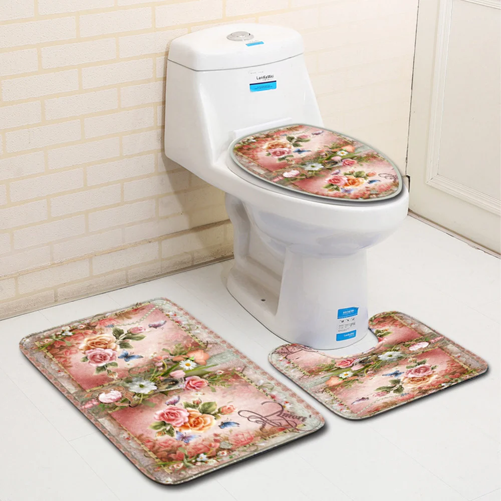 

Toilet Seat Cover Water Absorption 3Pcs Set Carpets Modern Decoration Home Bathroom Anti-Slip Floor Mats Printing Pattern Rug