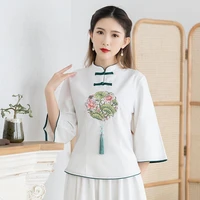 cheongsam women plus size tang costume 2022spring cotton blend embroidery splicing stand collar chinese style qipao shirts woman