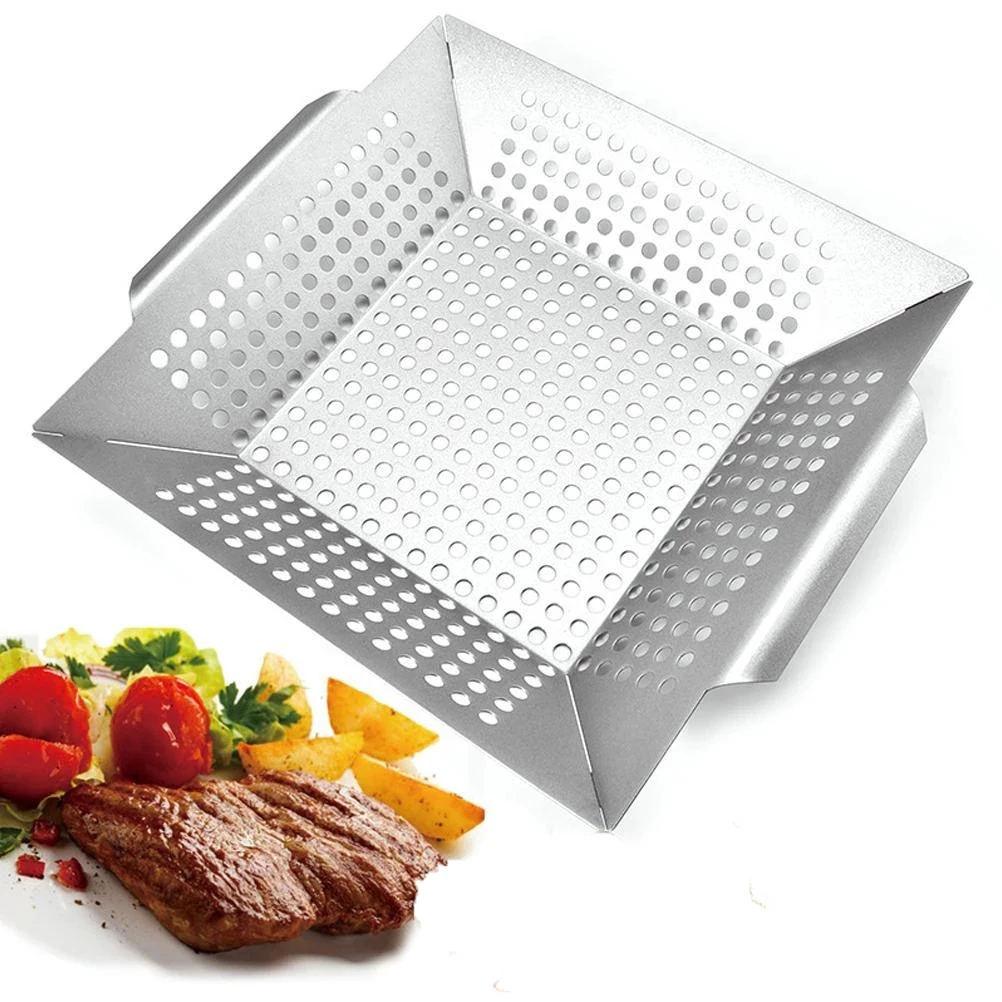 Grill Bbq Basket Wok  Stainless Steel Steak Oven Vegetable  Bbq Roasting Pan for Camping Kitchen Stainless Steel Mesh