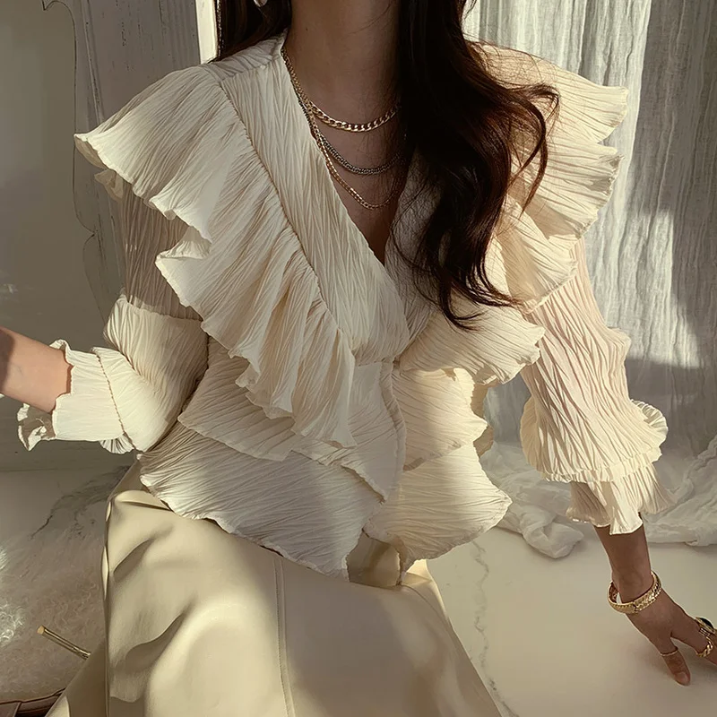 

V-neck Ruffled Patch Draped Shirt Women's Slim Waist Flared Long-sleeved Solid Color Shirt Feminino Spring Style Blusas Femme