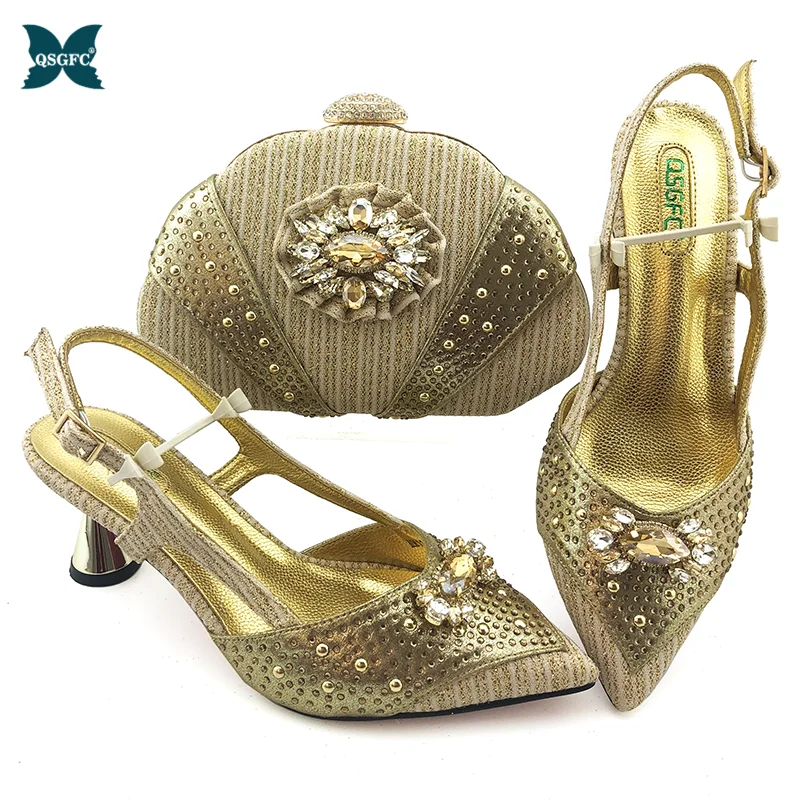 Женские Роскошные туфли и сумки украшенные обувью сумкой Стразы цвет золото