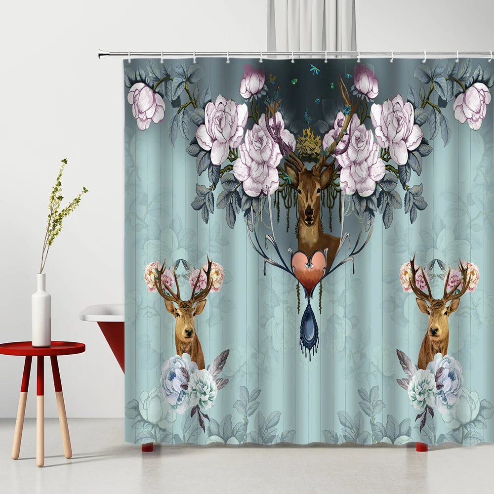 

Elk Shower Curtain Forest Wild Animal Alpaca Creative Butterfly Washable Bathroom Decor Bathtub Screen Green Plant Bath Curtains
