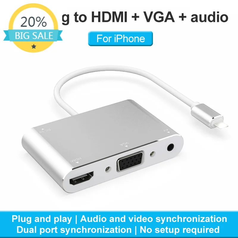 

Конвертер Lighting to HDMI + VGA с аудиоадаптером HD TV для Apple