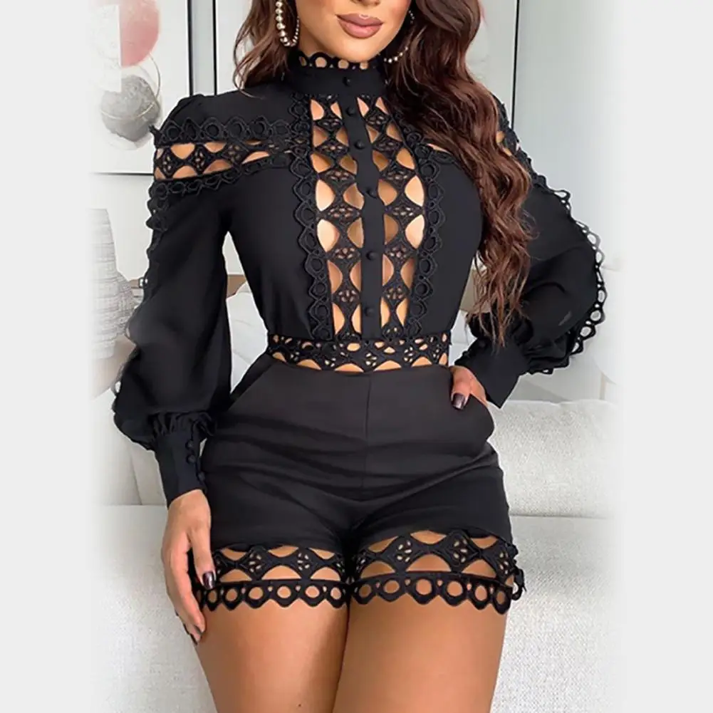 

Women Sexy Off Shoulder/Mock Neck Hollow Out Lace Patchwork Jumpsuit Playsuit Women Fashion Bodysuit Summer Short