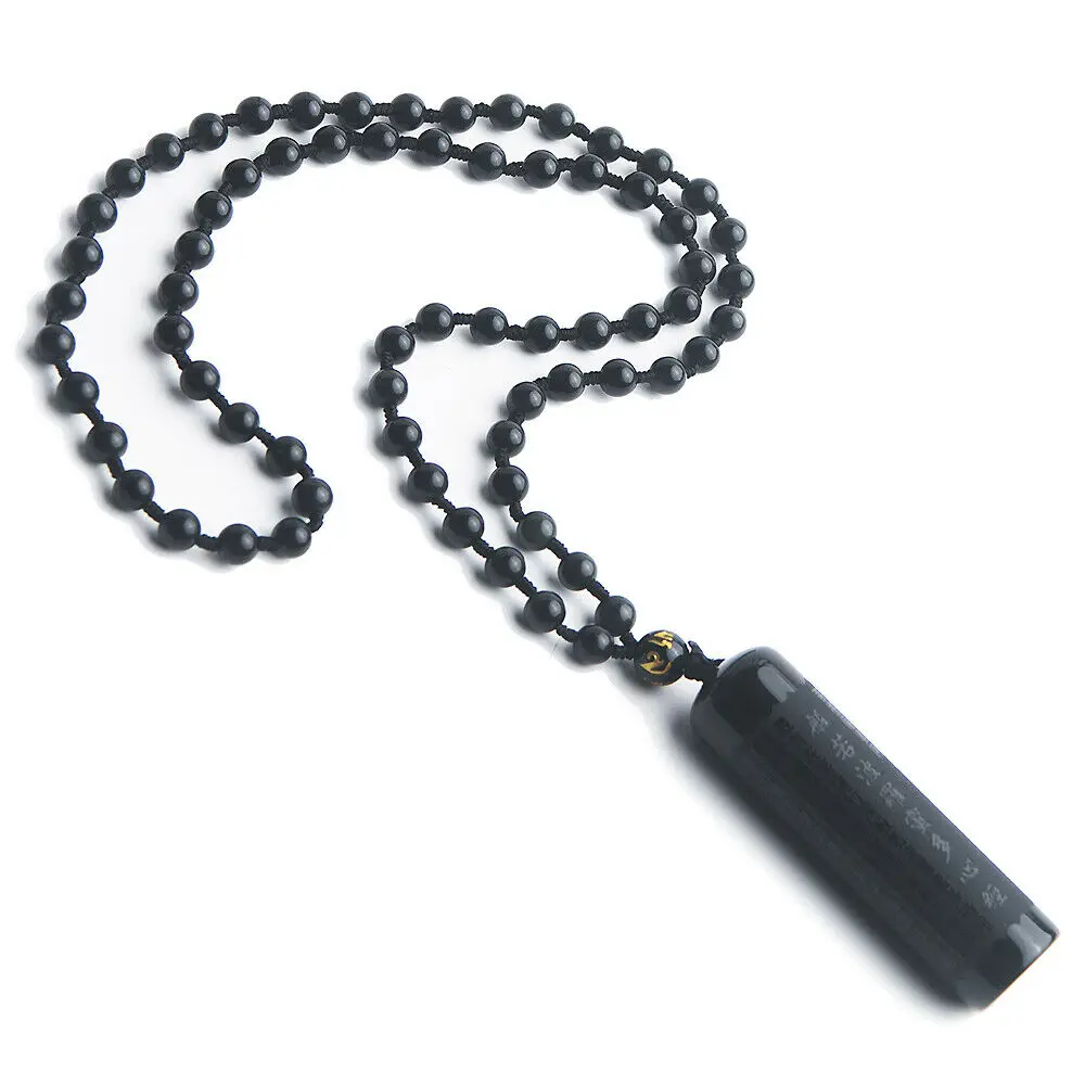 

Genuine Natural Black Obsidian Chinese Painting Calligraphy Buddhism Pendant 61x17mm Barrel Shape 6mm Beads Necklaces AAAAA