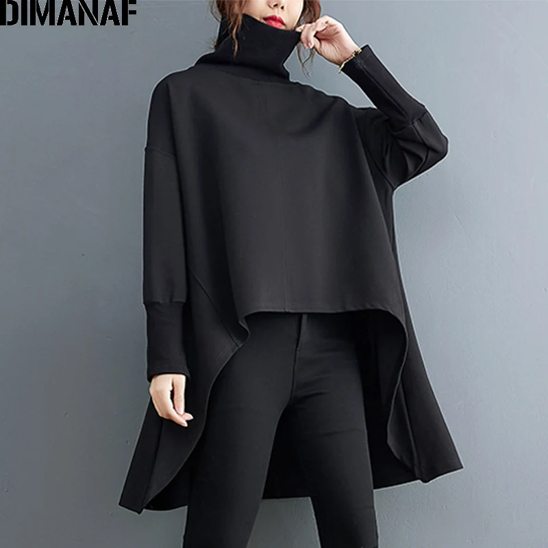 

Женская водолазка с длинным рукавом DIMANAF, свободный хлопковый пуловер черного цвета, повседневная одежда для осени и зимы