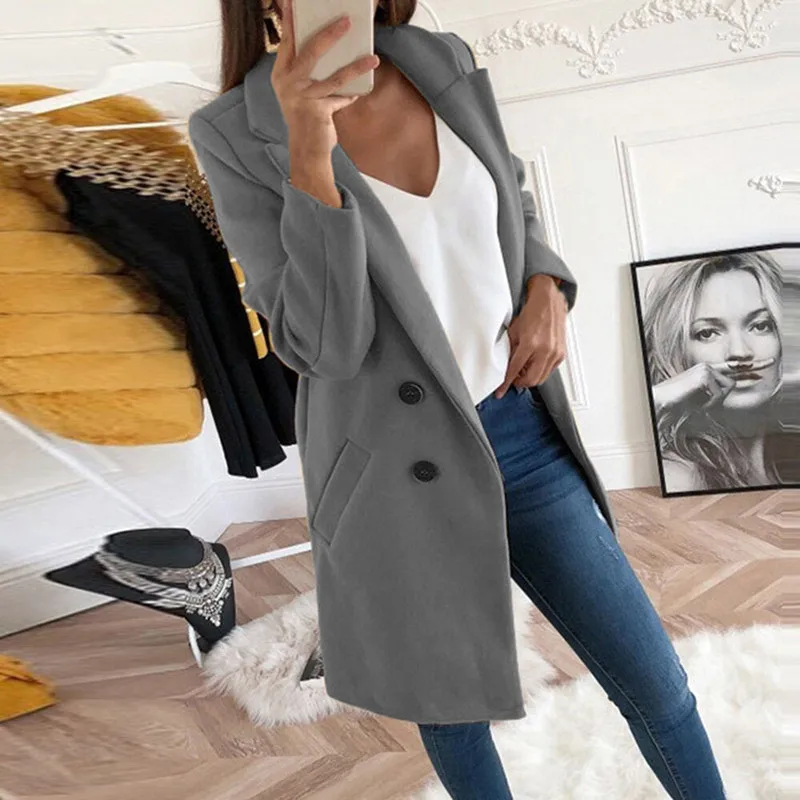 

Leosoxs 2020 Autumn Winter Fashion Lapel Long Sleeve Women's Jackets Casual Slim Solid Buttons Pocket Ladies Long Jackets Coat