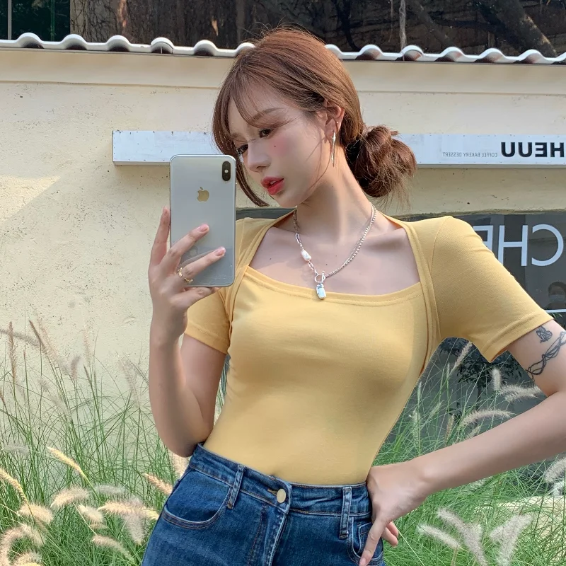 Обтягивающие женские футболки с квадратным воротником укороченный топ Летний