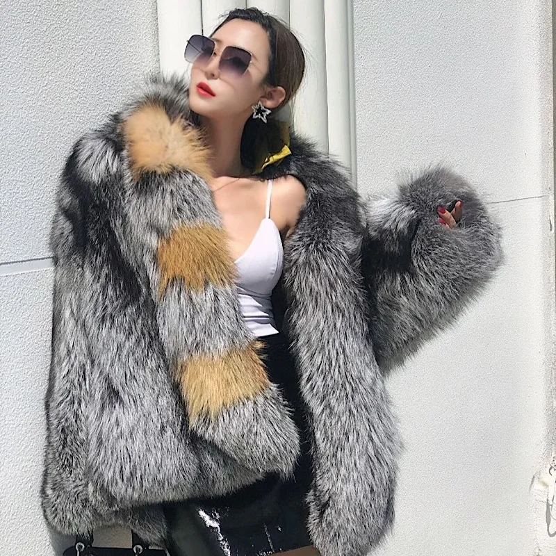 New one Piece Fur Fox Hair Fashionable Contrast Lapel Young Medium And Long Fur Coat Lady Winter enlarge