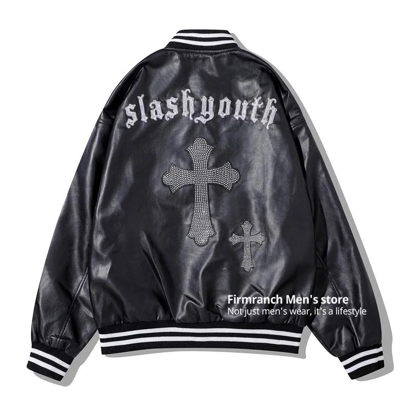 

2021 Men/Women Black PU Leather Baseball Jacket Cross Rhinestone Coat For Autumn/Winter High Street Leather Clothing