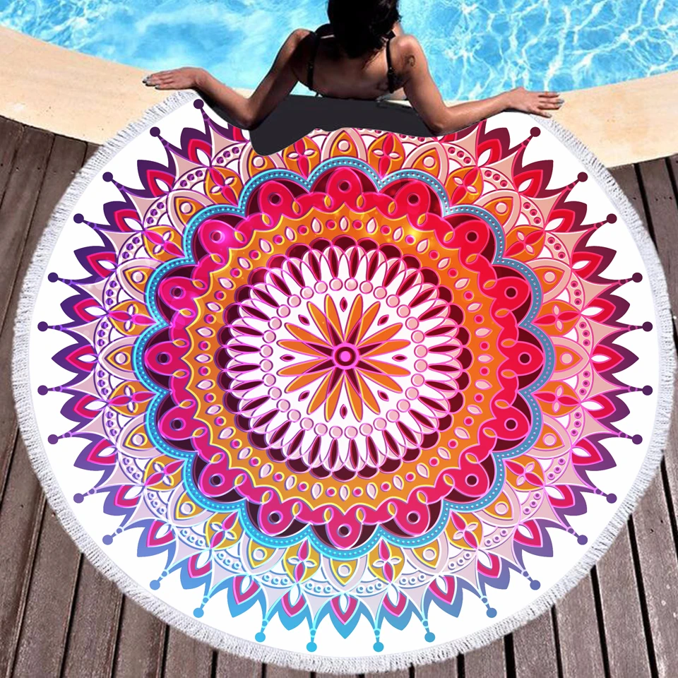 Богемное мандала круглое пляжное полотенце с бахромой микрофибра розовое в