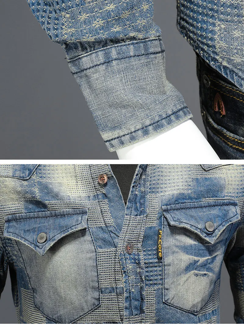 Мужская джинсовая рубашка в стиле ретро голубая Повседневная с отложным