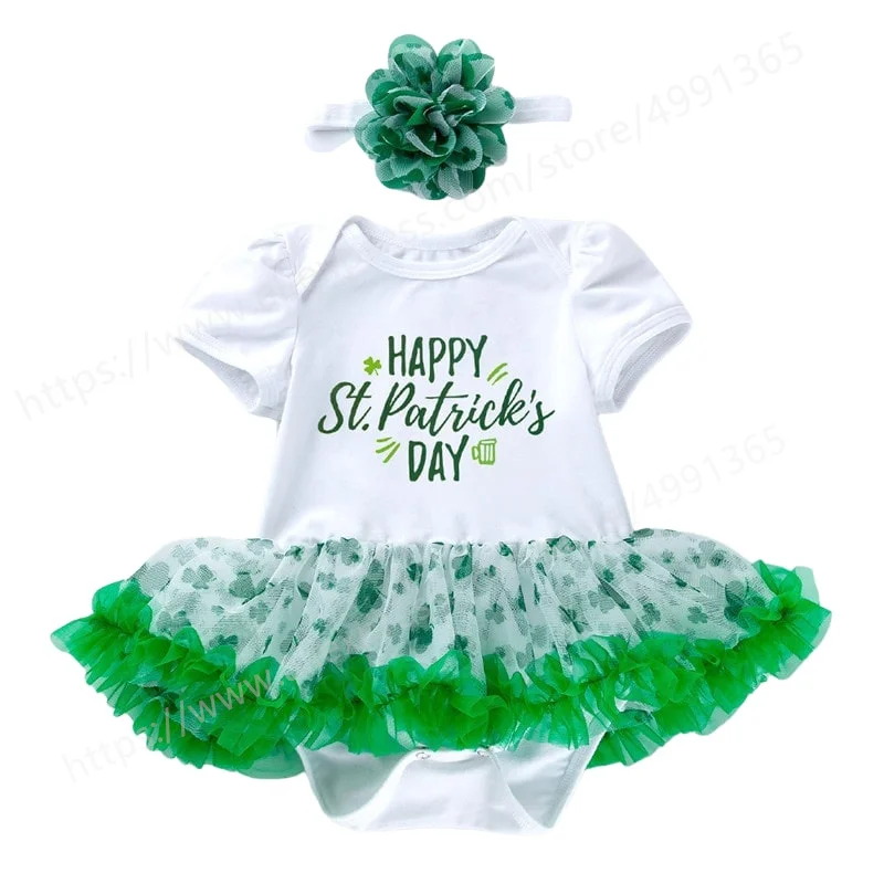 

Baby Girl St Patrick's Day Outfit Newborn Baby Letters Print Bodysuit Clover Tutu Dress Irish Party Clothes Set