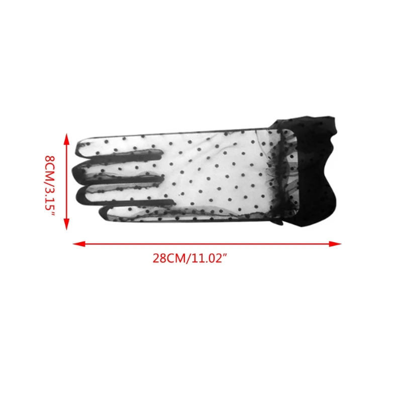 

Women Sheer Lace Short Tulle Full Finger Gloves Vintage Polka Dot Ruffled Trim Mesh Prom Evening Party Mittens