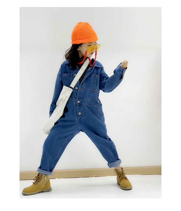 Детские джинсовые комбинезоны для девочек весна осень 2019 свободные хлопковые с