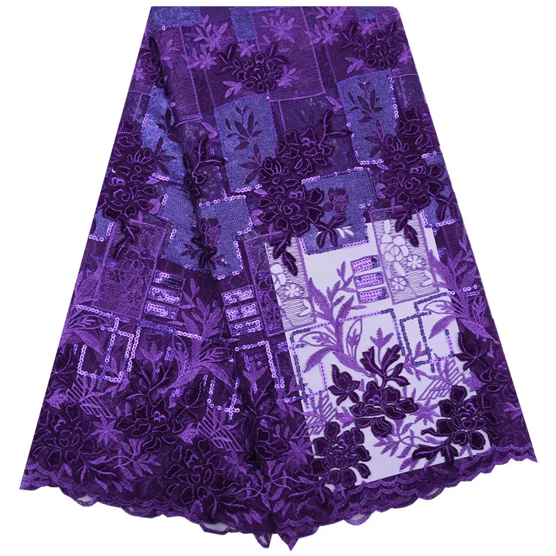 Африканские блестки с вышивкой бархатная кружевная ткань фиолетовая