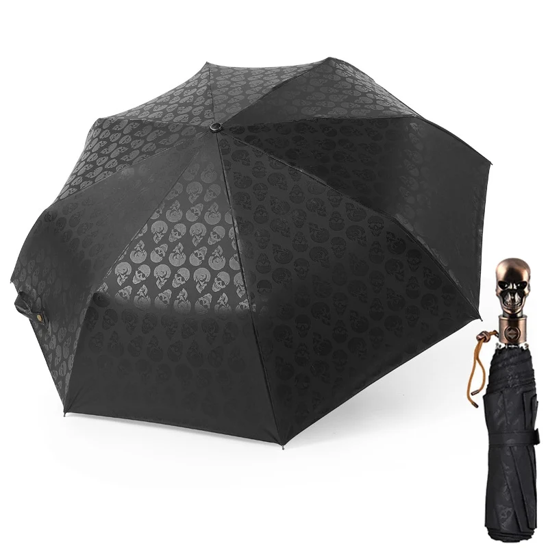 الفاخرة الجمجمة الرجال الذكور قوية مظلة مقاومة للرياح المطر النساء الإناث التلقائي 3 للطي المظلة Sunny Rainy المحمولة
