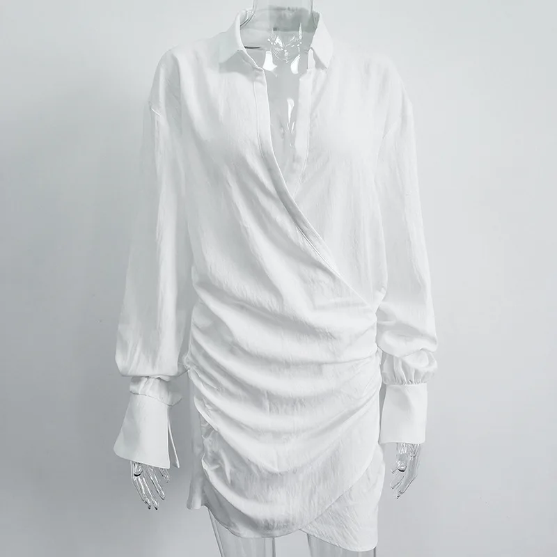 

Fashion Vintage Turn-Down Collar Long Sleeve Women's Dress Elegant Spring Sexy Loose Shirt Mini Dresses For Women 2021