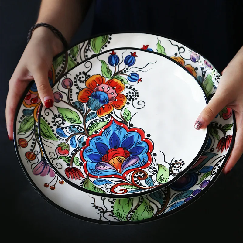 Tableware Ceramic Dinner Plate Set Dish 8/10 Inch Porcelain Cute Dessert Dinnerware Irregular hand-painted Steak | Дом и сад
