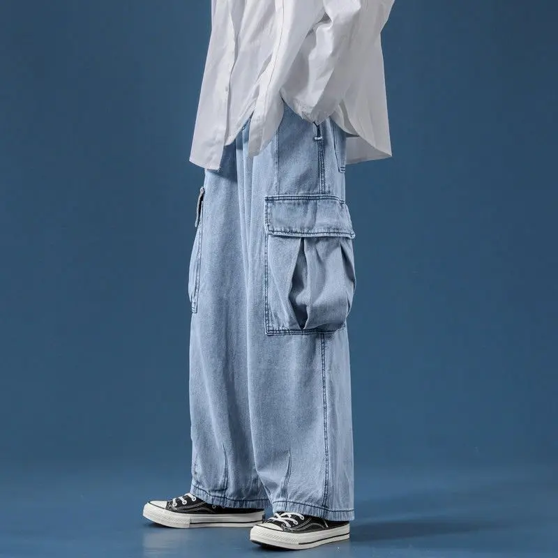 

Wide-leg jeans men's autumn new big pockets straight loose pants Hong Kong style trend wild drape mopping the floor old fashion