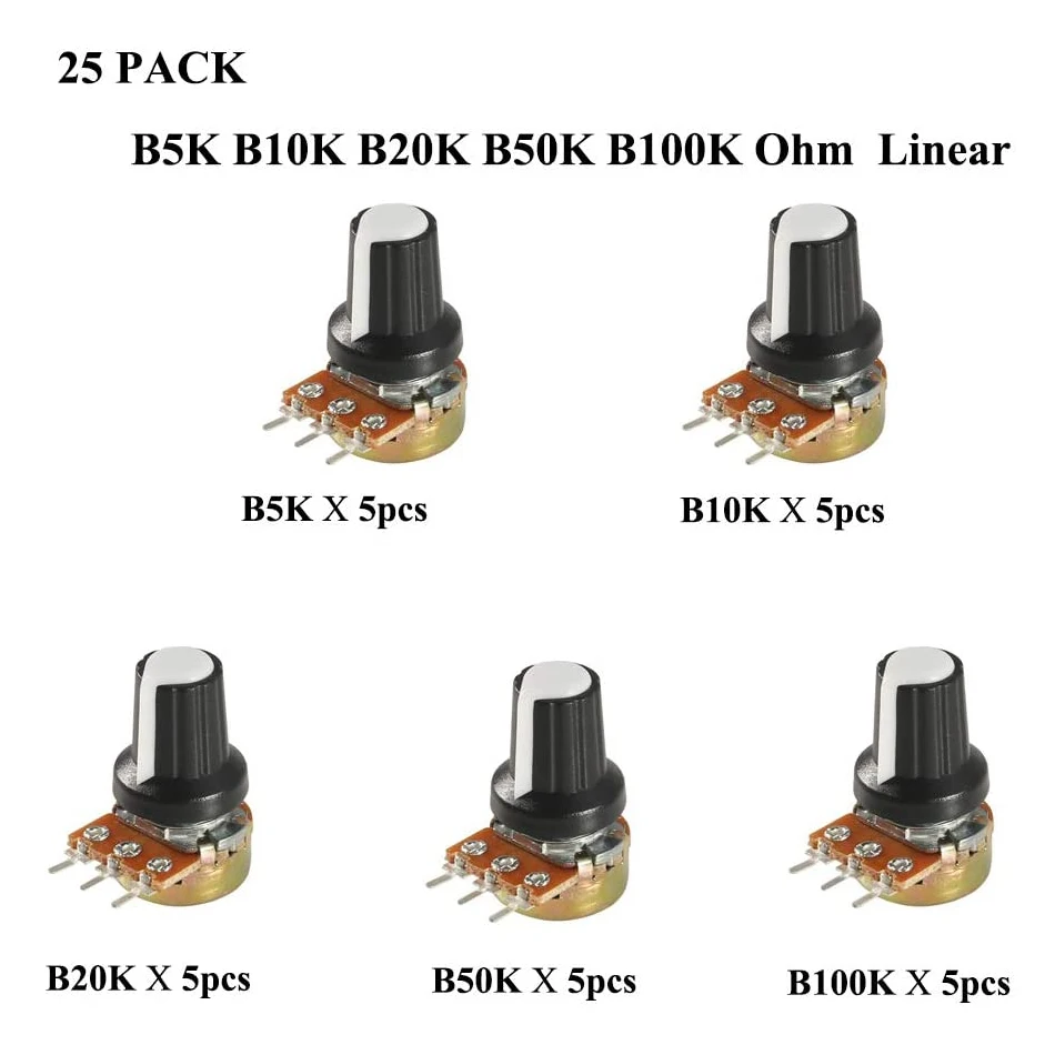 

25 шт. линейный потенциометр 5K 10K 20K 50K 100K Ом 3-контактный линейный конический роторный потенциометр WH148 с крышкой для Arduino
