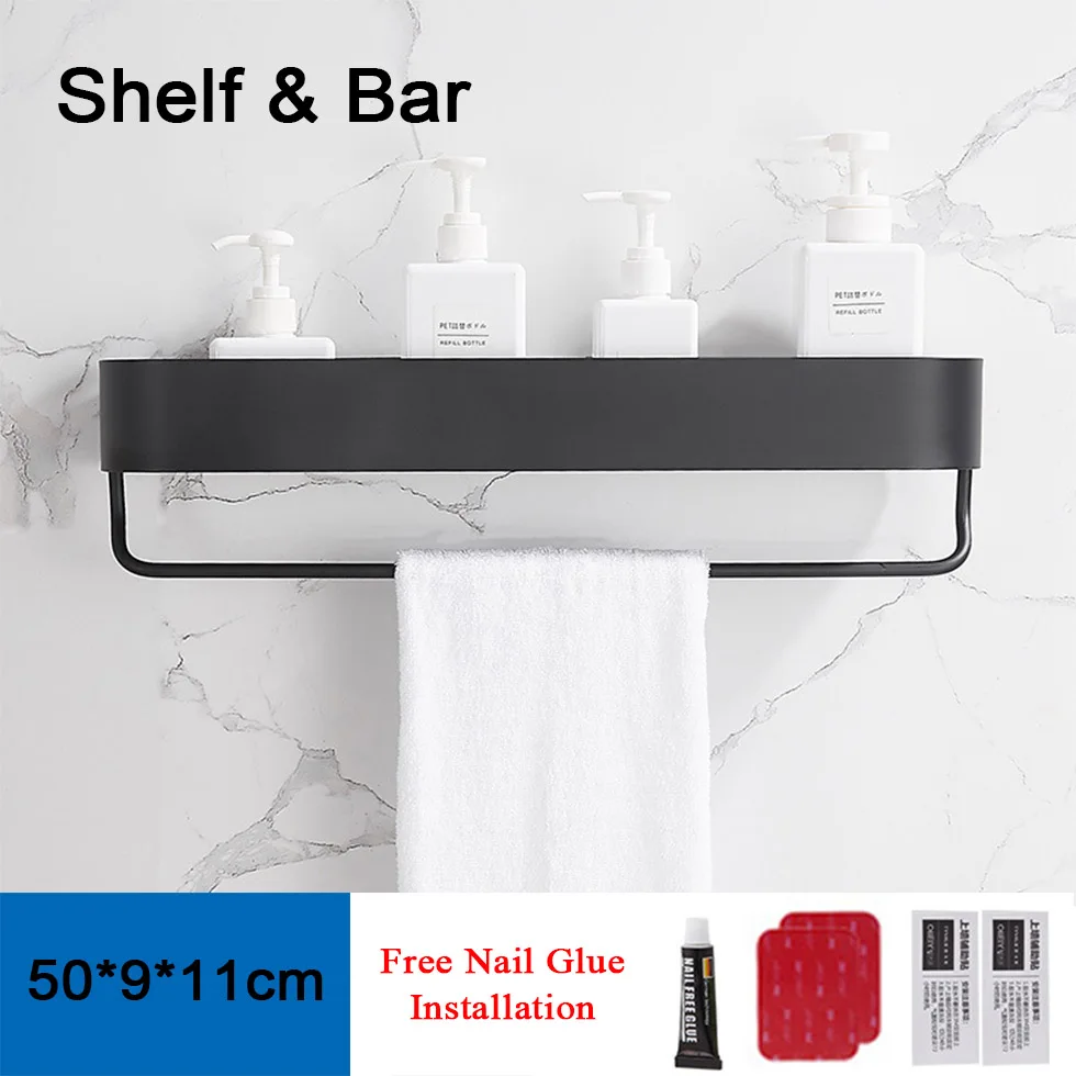 Shelf with Bar 50cm Черная полка для ванной комнаты с баром 30 \ 40 \ 50 см, плавающие полки для кухни, балкона, корзина для хранения полотенец - Цвет: Shelf with Bar 50cm