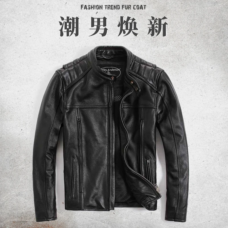 Мужская мотоциклетная куртка черная приталенная из коровьей кожи со стоячим