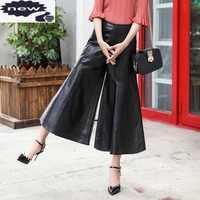 high waist womens wide leg loose streetwear ankle length pants female 2021 new big size m 3xl black genuine leather zipper
