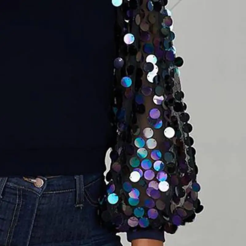 

Women Sequined Long Sleeve Plus Size Top Blouse Shining Sparkly Spring Fall Street Wear Fashion Shirt