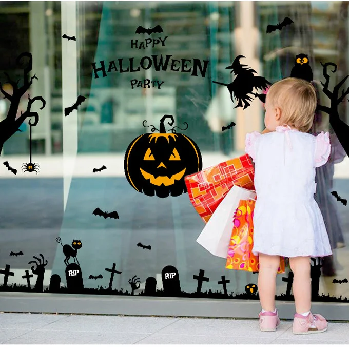 

Halloween,60cm*90cm Pumpkin Bat Witch Combination,Living Room Bedroom,Glass Window, Hotel Shopping Mall,Decorative Wall Stickers