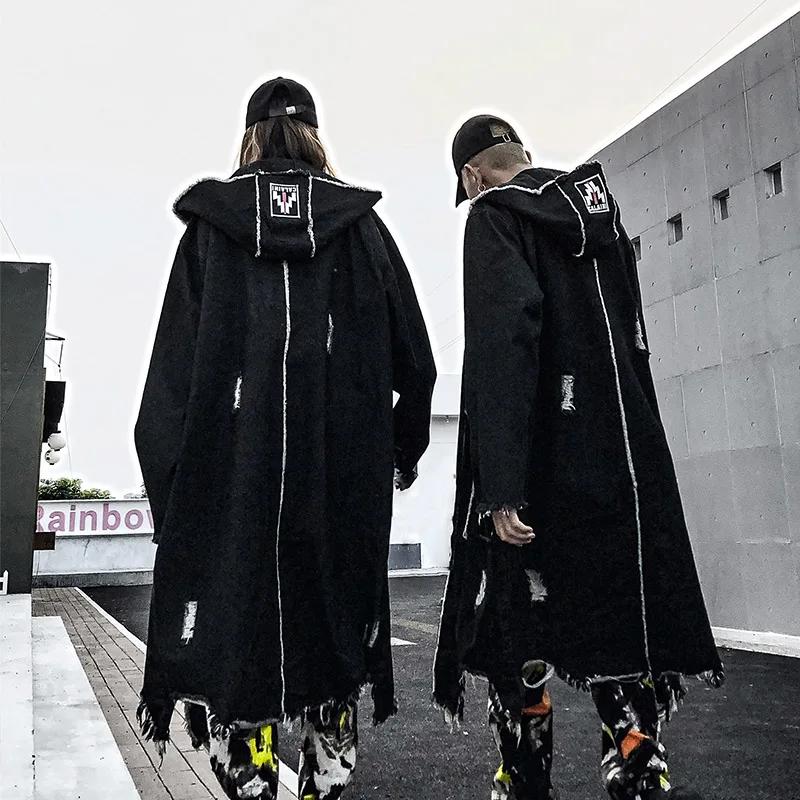 Мужское джинсовое пальто оверсайз длинное Асимметричное в стиле хип-хоп 2020 |