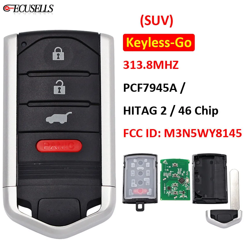 4B Keyless Go Intelligent Remote Key 313.8MHz PCF7945A/HITAG 2/46 Chip HON66 Blade for Acura ZDX 2010-2013 FCC: M3N5WY8145 (SUV) |