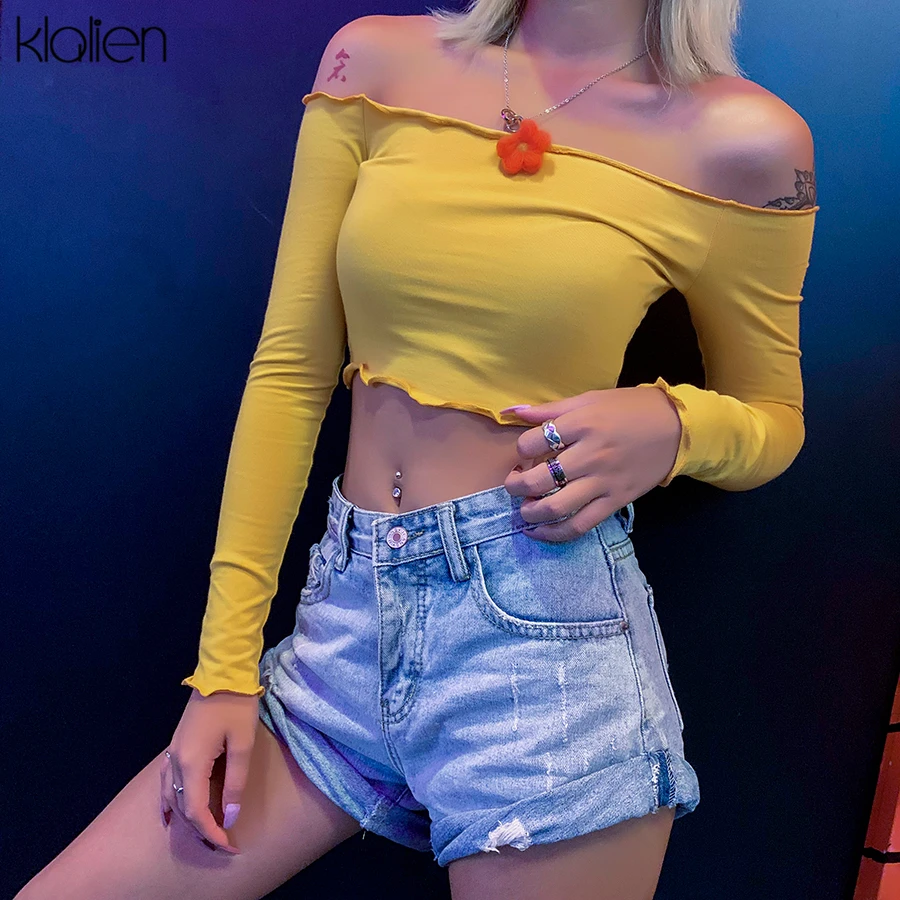 Женская футболка с открытыми плечами kalien однотонная укороченная длинными