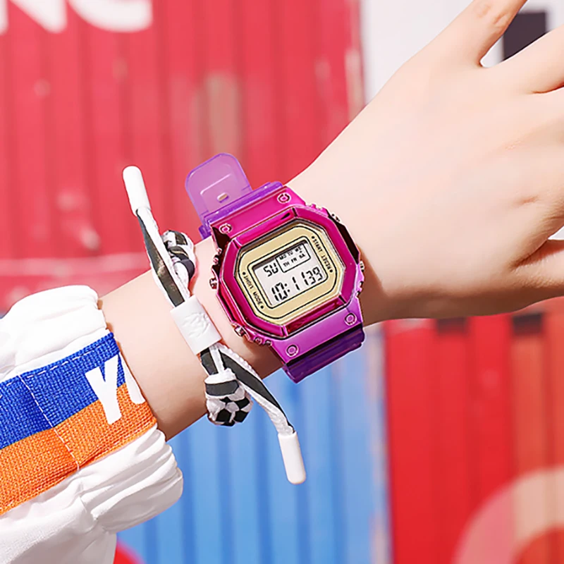 

New transparent square gradient color digital sports watch waterproof outdoor G-style shock electronic watch