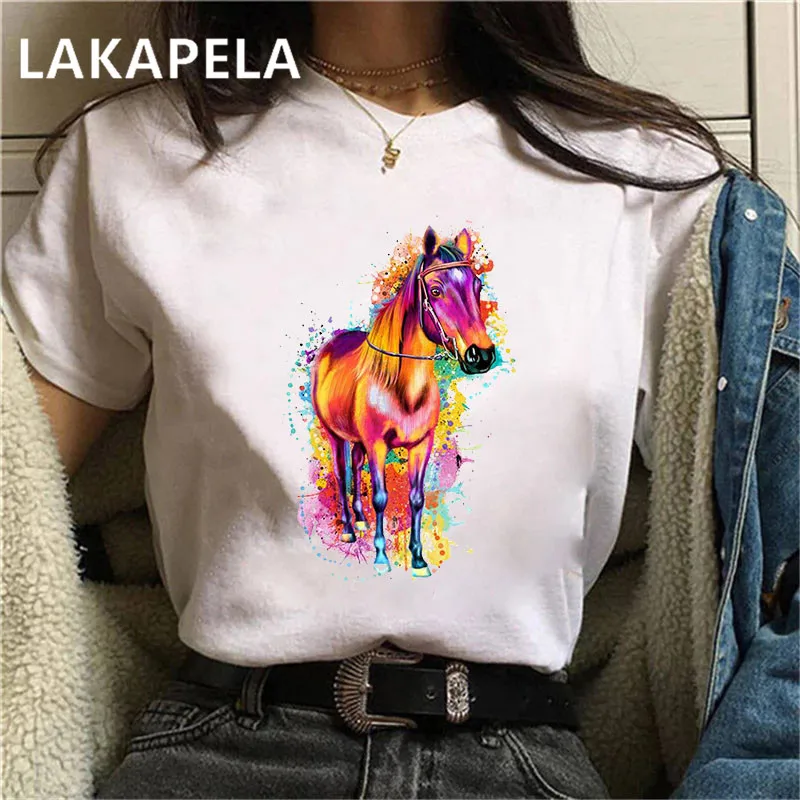 

Watercolor Horse Tshirts White Top Shirt Summer Aesthetics Graphic Short Sleeve Polyester T Shirts Female Camisetas Verano Mujer