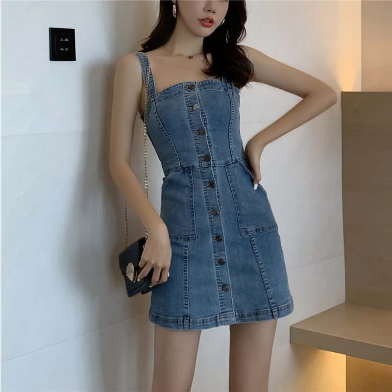 Джинсовое платье 2020 летнее тонкое милое джинсовое на бретелях женский