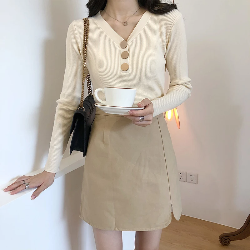

Autumn Winter V-neck Women Knitted Sweater Casual Long Sleeve Button Female Sweater Fashion Slim Ladies Pullover Jumper