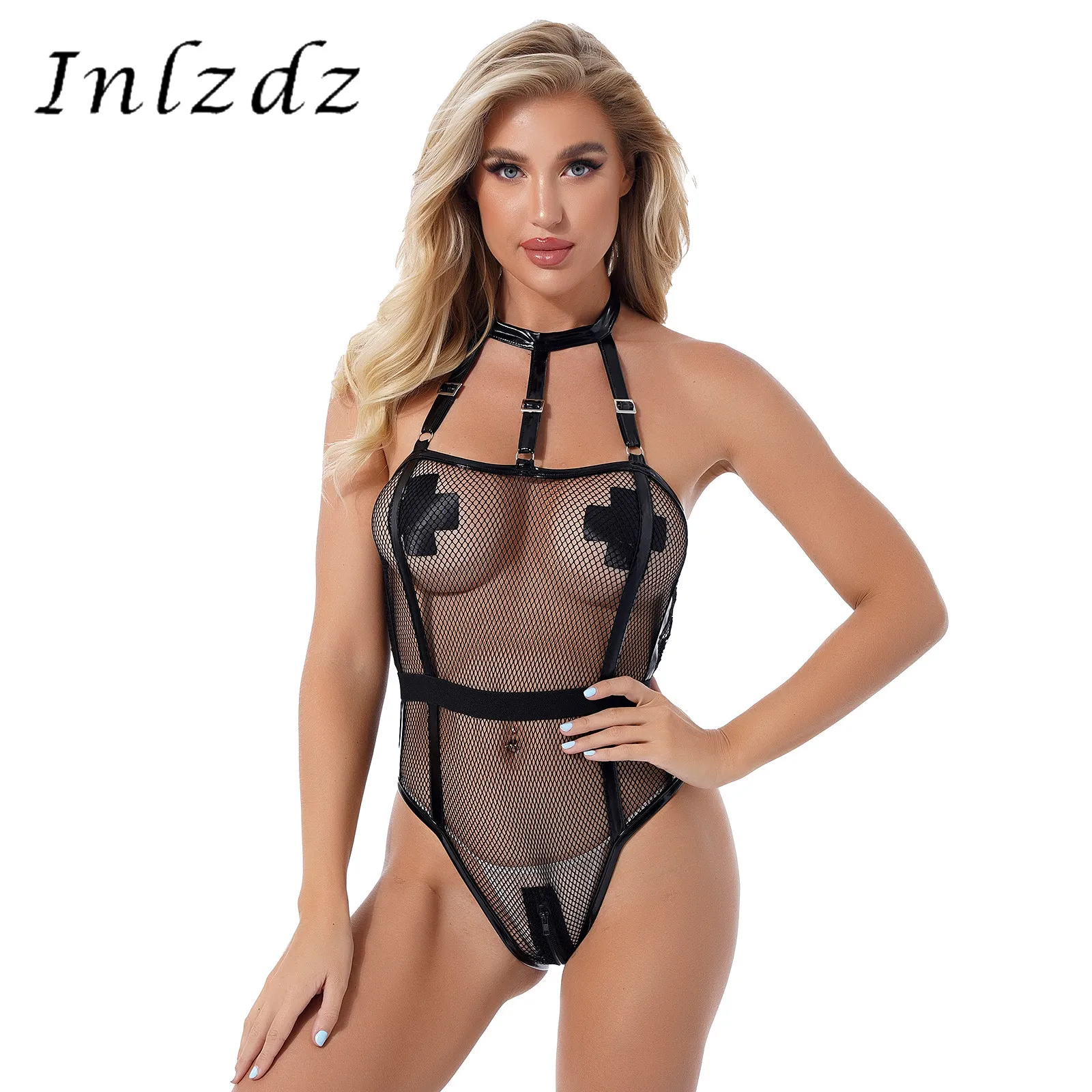 

Womens Erotic Lingerie See-through Hollow Out Fishnet Bodysuit Halter Neck Zipper Back Leotard Nightclub Pole Dancing Catsuit