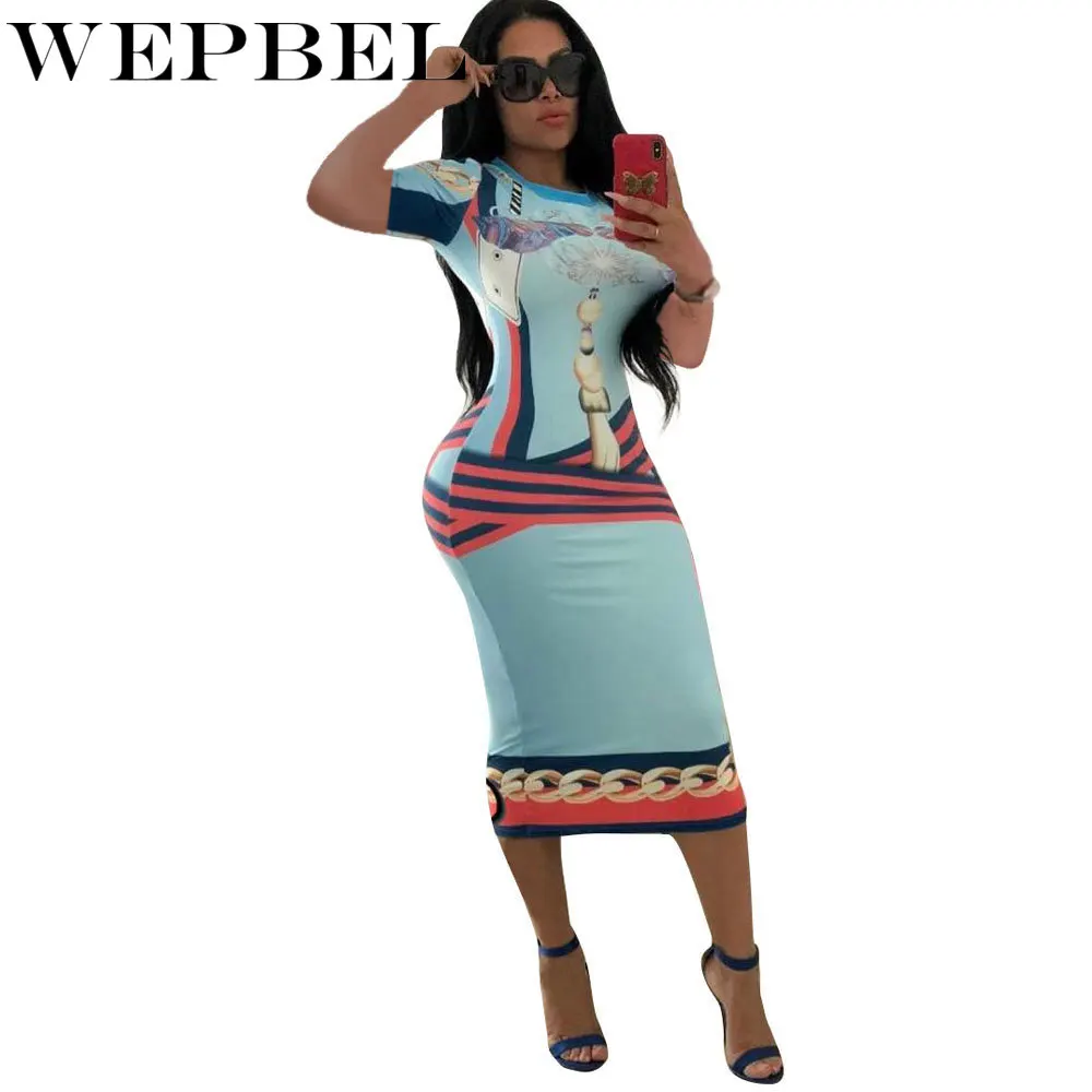 

WEPBEL Women Sexy Club Wear Dress Ladies Elegant Short Sleeve O Neck Print Slim Fit Bodycon Dress Party Dress Evening Dress