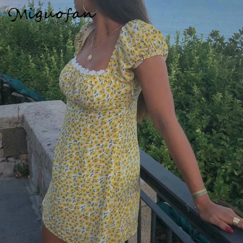Miguofan dresses for women lace up flower print boho style beah holiday summer dress vintage sexy mini puff sleeve vestido | Женская