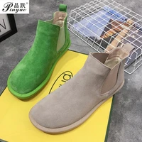 retro womens shoes female cow suede leather matte flat heels casual chelsea ankle boots candy colors preppy style boots