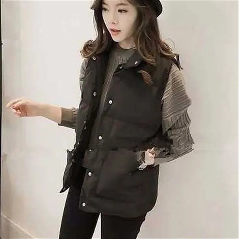 Cotton Jacket Cardigan Women's Autumn Winter New Solid Color Vest Single-breasted Pocket Sleeveless Parka Loose Simple Commuting images - 6