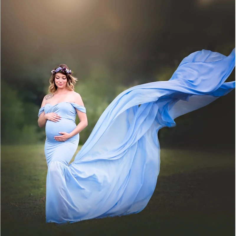 

Chiffon Pregnancy Gown Off Shoulder Dress For Pregnant Women Trailing Sweep Length Train Mist Due Date Memento Bump Photography