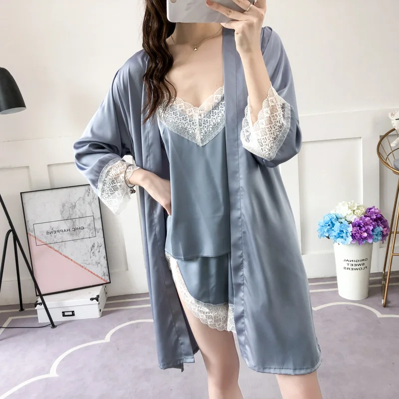 

Spring and Autumn New Women's Sexy Satin Chiffon Sexy Suspender Shorts Pajamas Home Wear Pajamas Three Piece Suit Sexy Nightgown